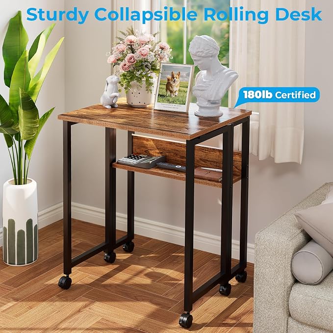 GreenForest Folding Desk with Wheels, 31.5" Rolling Table for Small Spaces | Storage Shelf, Lockable Casters, Compact Portable Workstation, Space-Saving Foldable Sofa Table, Home Office, Mobile, Walnut