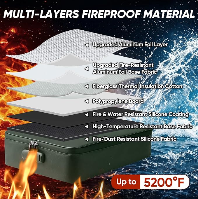 BALEINE Fireproof Document Box with Lock, Portable Fireproof Document Bag Waterproof Fire Proof File Boxes for Documents, File Organizer Box for Important Paperwork (Green, 15''x11''x4'')