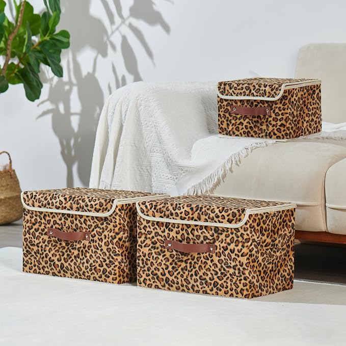 Storage Bin with Lid Decorative Cute Leopard Print Box Basket | Velvet Fabric, Faux Leather Handles, Washable PP Board, Foldable Lidded Clothes Container, Shelf Closet Organizer, Small Size