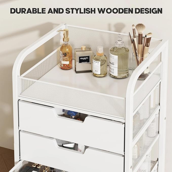 Makeup Organizer Cart with 4 Drawers, Vanity Storage Drawer Carts with Dividers, Nail Cart Organizer Cosmetic Display Cases Cabinet for Skin Care, Nail Polish, Perfume, White