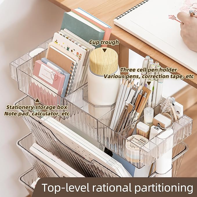 5 Tier Rolling Utility Cart Multi-Functional Movable Storage Book Shelves with Lockable Casters for Study Office Kitchen Classroom, White (Transparent White, with Wheel)