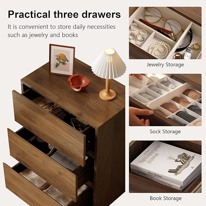 Mid Century Modern 3-Drawer Storage Cabinet – Stylish Wooden Design, Freestanding Organizer Cabinet for Bedroom or Living Room, Walnut