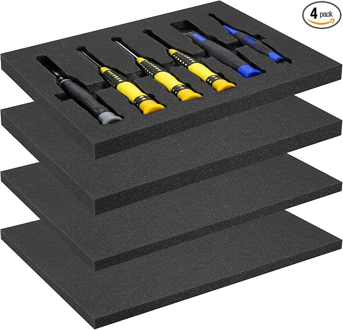 4pcs High Density Packing Foam Sheets, 2 Size Black Polyurethane Foam Padding, Cushioning Foam Inserts for Cases, Shipping, Storage Drawer (2pcs 16" X 12" X 0.5", 2pcs 16" X 12" X 1")