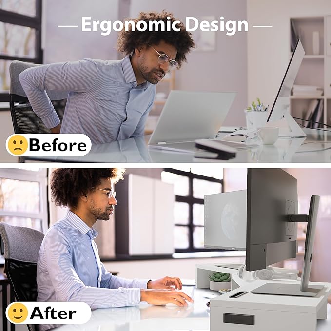 BONTEC Dual Monitor Stand Riser with Smartphone Holder, Adjustable Length & Swivel Angle, Ergonomic Wooden Desktop Organizer for PC Monitor, Laptop, Printer, Large Storage, 42.5 in, White