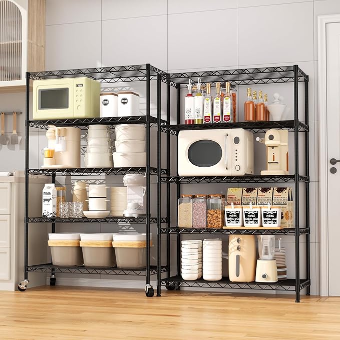5-Tier Heavy Duty Shelving Unit,30" Wx14 Dx62 H,Metal Shelving with Lockable Wheels,Wire Shelf Rack,Height Adjustable Metal Storage Shelves Organizer for Kitchen,Garage,Office,Laundry,Pantry