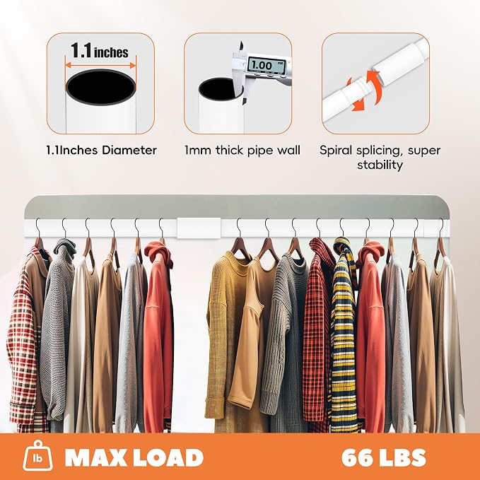 Heavy Duty Closet Rod 17-56 Inches, Adjustable, White | Metal,1.1 Inches Diameter, Suitable for Wardrobes, Laundry