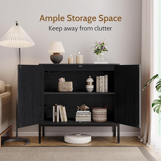 Yechen Black Rattan Buffet Cabinet with Storage, Sideboard Cabinet with Natural Rattan Decorated Doors, Accent Cane Credenza, Wooden Coffee Bar, for Living Room Entryway Kitchen, Metal Legs