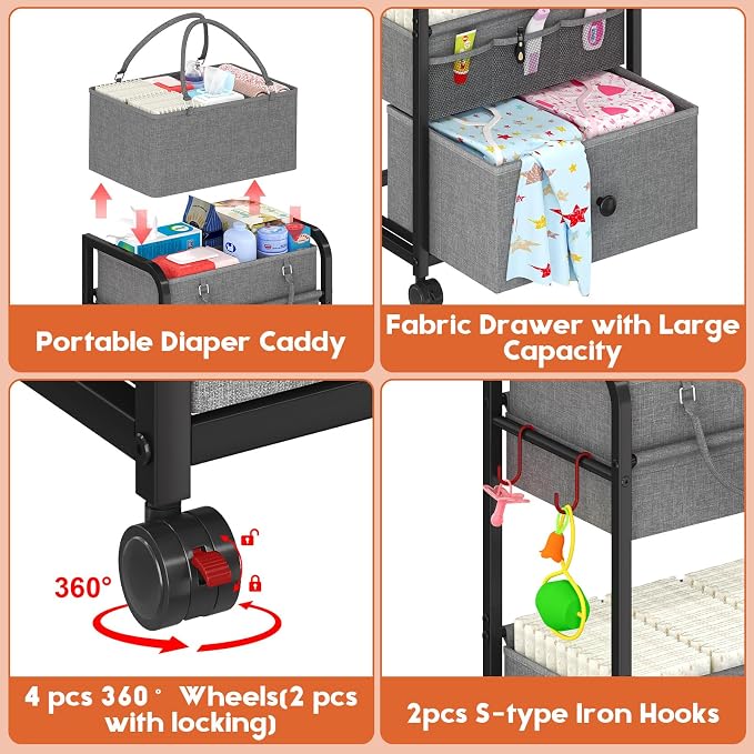Cidaziya 3In1 Baby Diaper Caddy Organizer, 3 Tier Rolling Cart with Drawer, Detachable Dividers, Mobile Utility Cart Baby Dresser Clothes Organizer for Crib, Bedroom, Art & Craft Storage, Grey