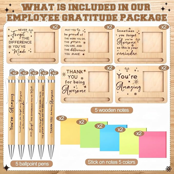 Kosiz 10 Set Back to School Teacher Gifts Wooden Sticky Note Holder with Notes and Ballpoint Pens Inspirational Sticky Notes Sets for Teacher Back to School Thank You Appreciation Gifts, Yellow
