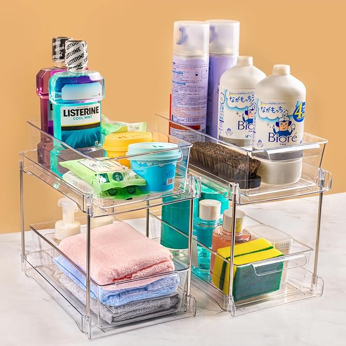 2Pack 2-Tier Bathroom Storage Organizer, Clear Under Sink Organizers Kitchen Vanity Counter Storage Container, Medicine Cabinet Drawers Bins, Pull-Out Organization with Track for Pantry