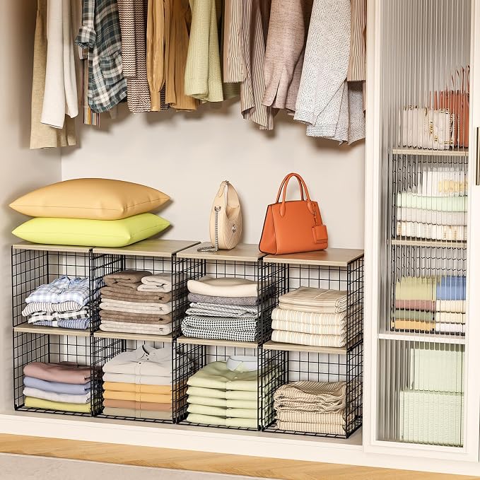 Hencawima 4-Tier Stackable Closet Organizers and Storage, Dual-Layer Reinforced Clothing Cube Shelves with Wood Tops, Sturdy Clothes Storage Bins & Shelf Basket for Wardrobe, Closet Organizer System