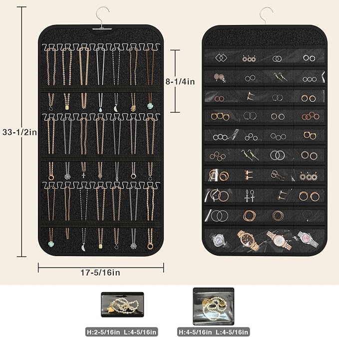 Double-Sided Hanging Jewelry Organizer for Necklaces Earrings, 1-Pack Black | Foldable 36 hooks & 40 clear pockets; swivel hook fits walls, doors & rods for earrings, bracelets, rings & small jewelry