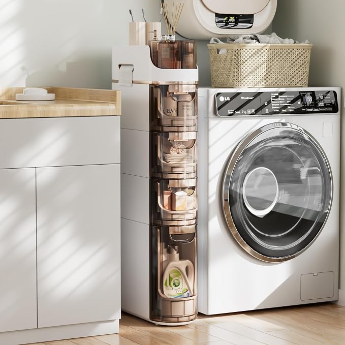 VECELO 4-Tier Slim Bathroom Storage Cabinet with Wheels, Skinny Bathroom Storage Cabinet with Drawers, Toilet Paper Holder, Movable Narrow Floor Cabinet for Small Space, Bathroom