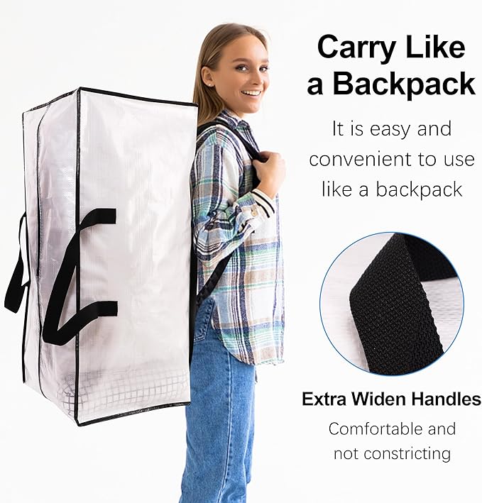 VELVETSURE 12 Pack Heavy Duty Large Moving Bags W/Backpack Straps - Strong Handles & Zippers, Storage Totes, Fold Flat, Alternative to Moving Box and Storage Bin, Semi-Transparent+Blue+Black