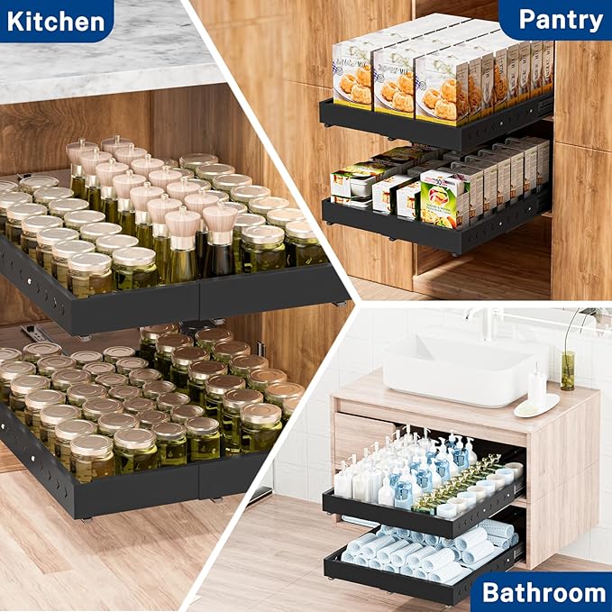 Insputer 1 Pack Pull Out Cabinet Organizer Expandable (12.4"-20.08")W & (16.26"-22.44")D, No Drill Slide Out Drawers with 3 Slide Rail, 2Pcs Magnetic Panel, Adhesive Roll Out Shelf for Kitchen, Pantry