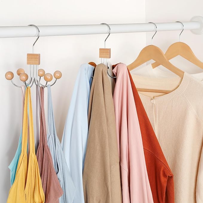 TOPIA HANGER Hoodie Hangers with 6 Wood Balls, Purse Hanger, Scarf Hanger, Wooden Closet Hooks, Handbag Organizer, Bra Hanger, Accessory Organizers for Scarf, Tanktop, Hat, Sweatshirt CT81N