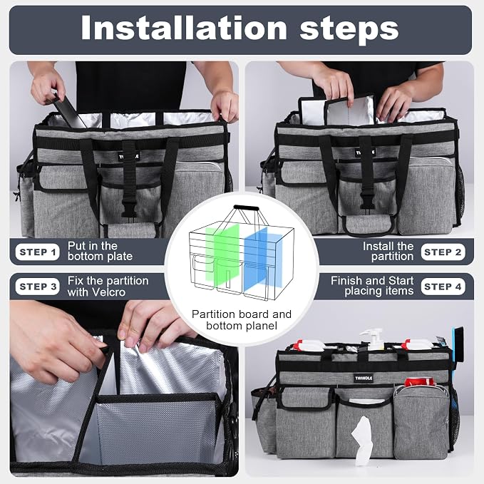 Large Cleaning Caddy Bag with Rigid Support Board, Cleaning Organizer Tote with Detachable Divider, Adjustable Shoulder Strap & Waist Belt, Cleaning Supply Carrier for Cleaners & Housekeepers