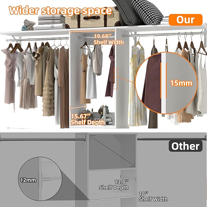 Closet System, 3Ft-5Ft Closet Organizer System With Adjustable Shelves, Walk-In Closet Storage System With 5 Expandable Hanging Rods, Adjustable Cloth Garment Rack from 3 to 5FT, White