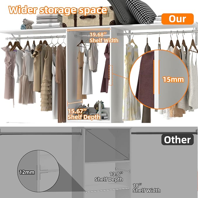 Closet System, 3Ft-5Ft Closet Organizer System With 4 Wooden Drawers, Walk-In Closet Storage System With 4 Expandable Hanging Rods, Adjustable Cloth Garment Rack from 3 to 5FT, White