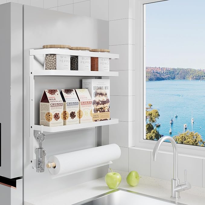 Magnetic Spice Rack Organizer Single Tier Refrigerator Spice Storage Shelf, Easy to Install The Side of The Refrigerator Can Hold spices, Jar of Olive Oil (White L)