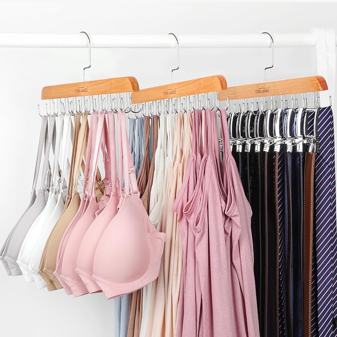 TOPIA HANGER 2 Pack Bra Hanger for Closet, Premium Wooden Tank Top Hangers | 40 Foldable Hooks, 360°Rotating Hooks, Easy to Install, Durable Solid Wood, Space Saving Storage for Tank Tops, Bras, Belts