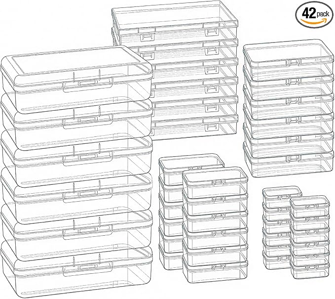42 Pieces Mixed Sizes Rectangular Empty Mini Clear Plastic Organizer Box | Hinged Lids, For Small Items, Craft Projects