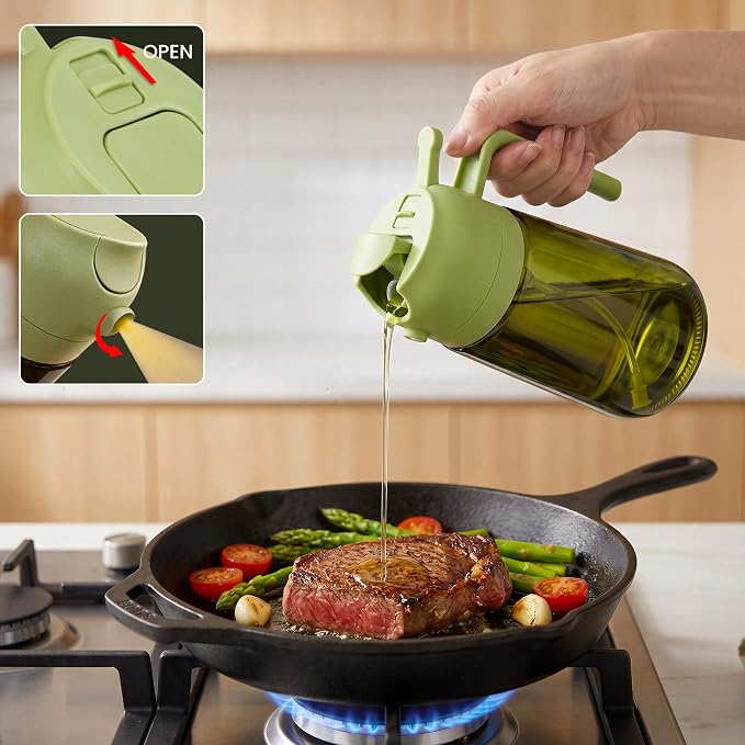 Oil Dispenser Glass Bottle, 16oz/470ml, 2 in 1 Oil Sprayer and Pourer, Light-Blocking Dark Glass, for Cooking, Air Fryer, Salad, BBQ (Green)