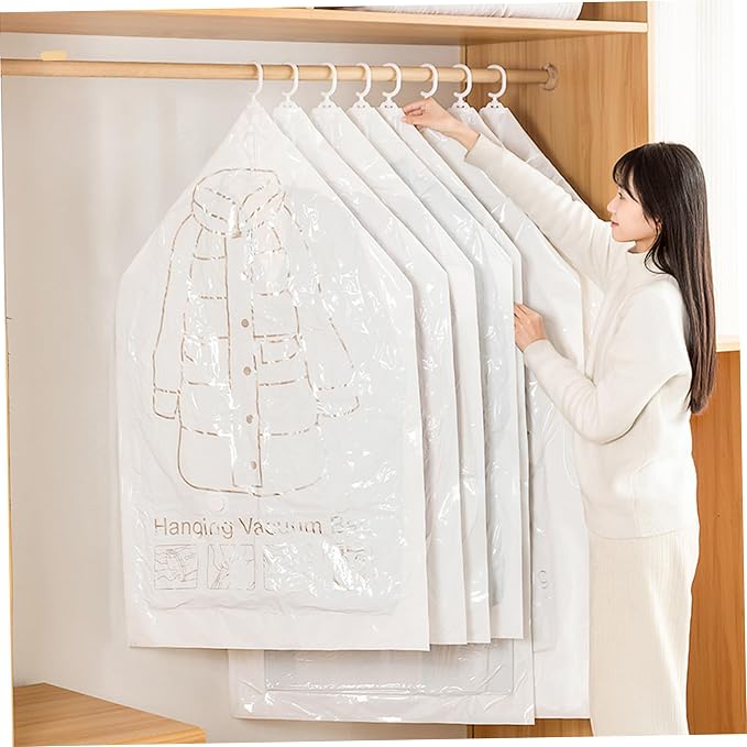 Hanging Vacuum Storage Bags, 5 Pack Hanging Vacuum Storage Bags for Coats Eco-Friendly Thick Plastic Space Saver 27.56x51.18 Inch, for Travel