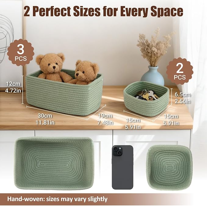 5-Pack Small Woven Rope Storage Baskets, 2 Sizes Organizer Bins | Fabric Cube Boxes and Rectangular Shallow Bins for Closet, Shelf, Bookshelf, Nursery, Changing Table, Bathroom, Toys & Home
