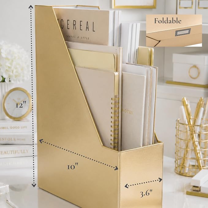 BLU MONACO | Gold Cardboard Magazine File Holder Set of 4 | Vertical Magazine File Holder for Shelves | Standing File Holder Desk Organizer
