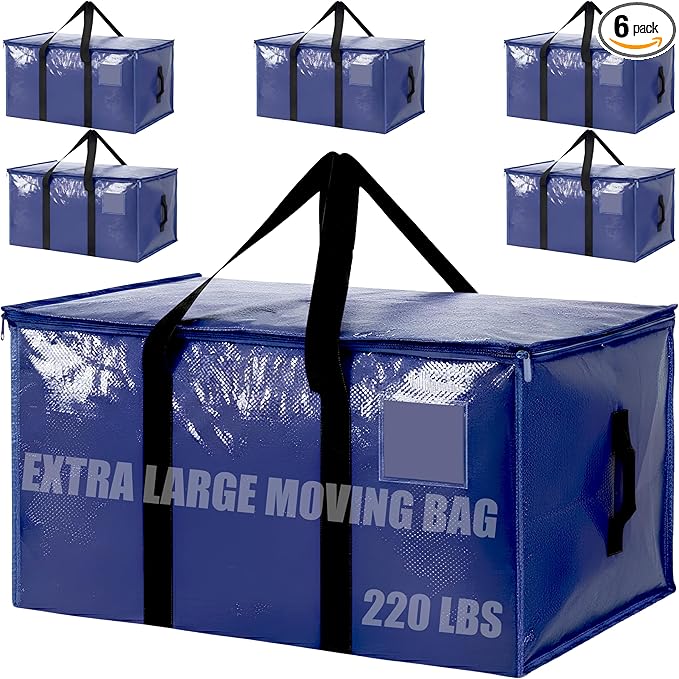Extra Large Moving Bags Heavy Duty - 6 Pack Blue Storage Bags with Zipper & Strong Handles | Moving Bags for Clothes, Bedding & Home Organization | Reusable Packing Bags for Moving, Travel & College