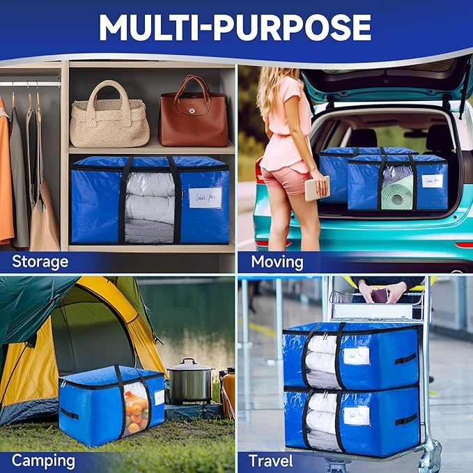 CONGREGATE 8-Pack Heavy Duty Blue Moving Bags with Zippers and Handles, Heavy Duty Storage Handbags, PE Material, Window Design, 97 Liters / 25.6 Gallons (28.7 Inch x 13.7 Inch x 15 Inch)
