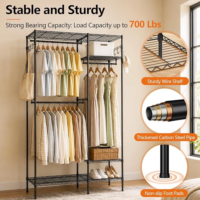 Heavy Duty Clothes Rack, Portable Clothing Garment Rack for Hanging Clothes, Adjustable Storage Closet with Wire Shelves and Hanging Rods, Freestanding Closet Organizer, Max Load 700Lbs, Black