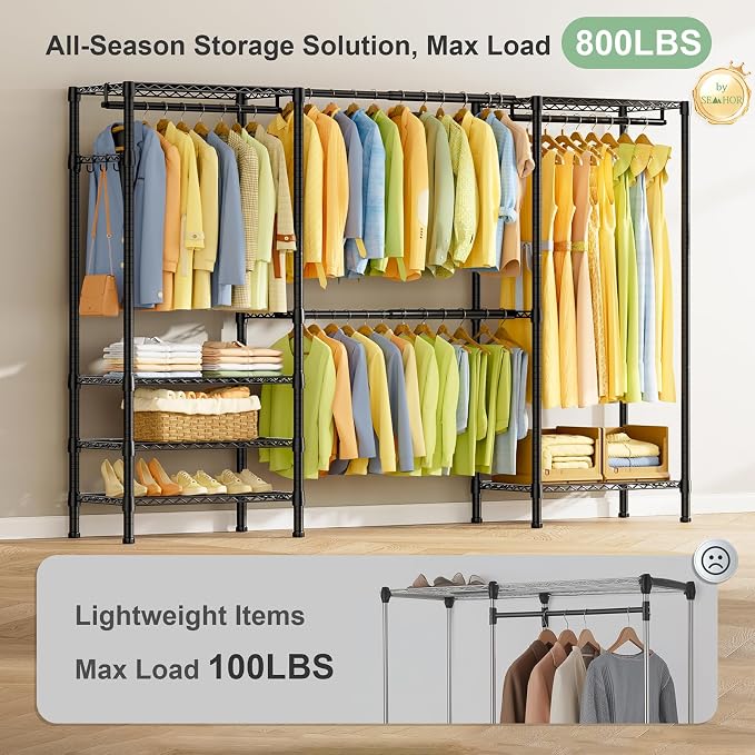 SEMHOR E06 Expandable Heavy Duty Clothes Rack for Reach-in Closet, Freestanding Clothing Racks with Shelves, Carbon Steel Closet Organizer System Adjustable from 70.8-93.9", Max Load 800LBS, Black