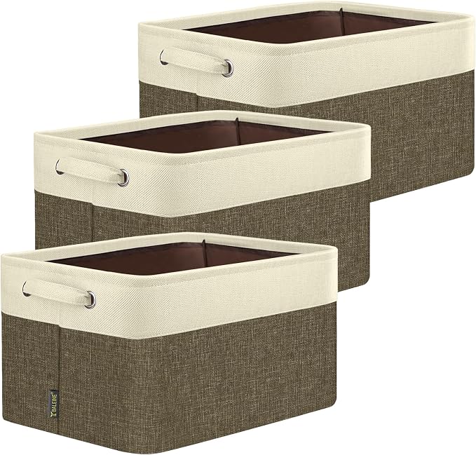 BALEINE 3 Pack Fabric Closet Storage Bins for Shelves, Linen Closet Organizers and Storage, Decorative Baskets for Organizing, Shelf, Clothes, Home, Office (Brown, 15"x11"x9.5")