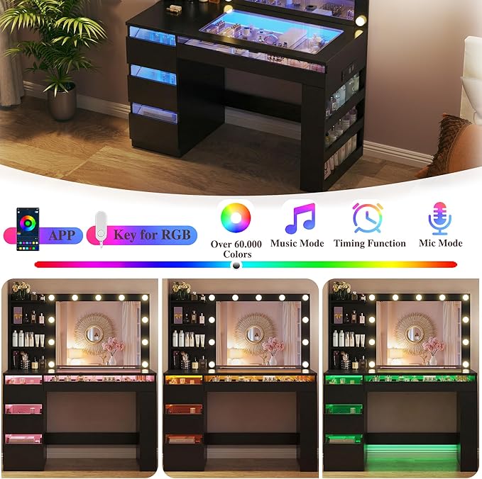 HUAHUU Vanity Desk with Lighted Mirror & Transparent Top, Makeup Vanity Desk with 4 Transparent Drawers and RGB Lighting, Built-in Power Outlet, 3-Tier Side Shelves & Storage Organizer for Bedroom