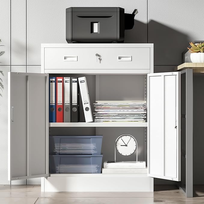 Wanfu Metal Storage Cabinet, Locking Cabinet with 1 Drawer and Adjustable Shelf, 36" H x 28" W x 16" D Steel Storage Cabinet for Office, Garage, Home-White
