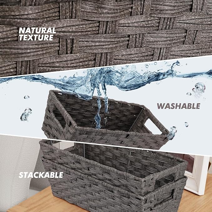 2-Pack Plastic Wicker Toilet Paper Baskets, 15.75"x6.75"x4.75", Dark Grey | Versatile woven bins for bathroom, toilet tank, shelf organization, and home decor.