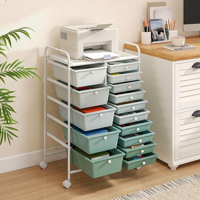 HAPPYGRILL 15-Drawer Rolling Cart, Storage Carts with Removable Drawers & Steel Frame, Utility Cart on Lockable Wheels for Home, School, Office, Macaroon, Gradient Green