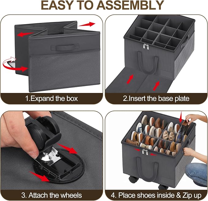 2 Pack Large Shoe Organizer for Closet, 32 Pairs Shoe Storage Box with 360° Wheels & Reinforced Handles, Adjustable Dividers, Clear Cover, Side Pocket, Foldable Oxford Fabric Bin for Entryway, Grey