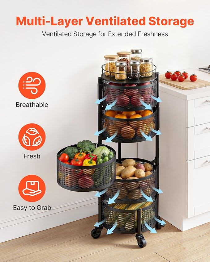 VEVOR Rotating Storage Rack Cart, 5 Tier Fruit and Vegetable Basket Bowls, Heavy Duty Wire Basket Organizer on Wheels, Large Capacity Stand with Metal Top Lid, for Kitchen Bathroom Nursery, Black