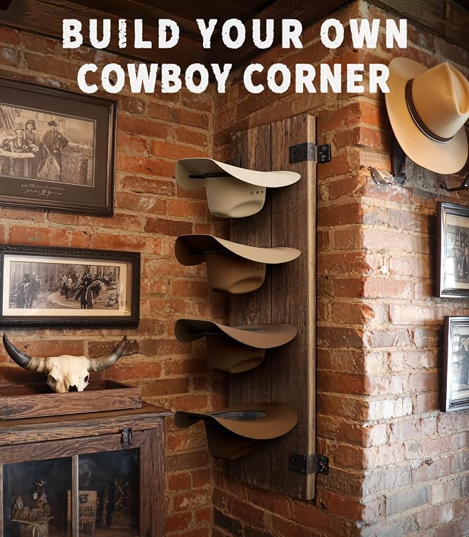 Cowboy Hat Rack 4-Pack Dual Arm Metal Wall Mount for Wide Brim Hats Rustic | Rustic wall hat rack with extended dual arms, fits cowboy hats, fedoras and wide-brim caps to prevent brim bending.