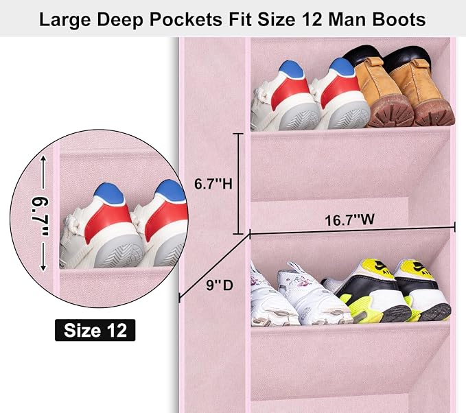 SLEEPING LAMB Over The Door Shoe Organizer for Closet with Large Deep Pockets, Narrow Shoe Rack for Door Hanging Boots Storage, Pink