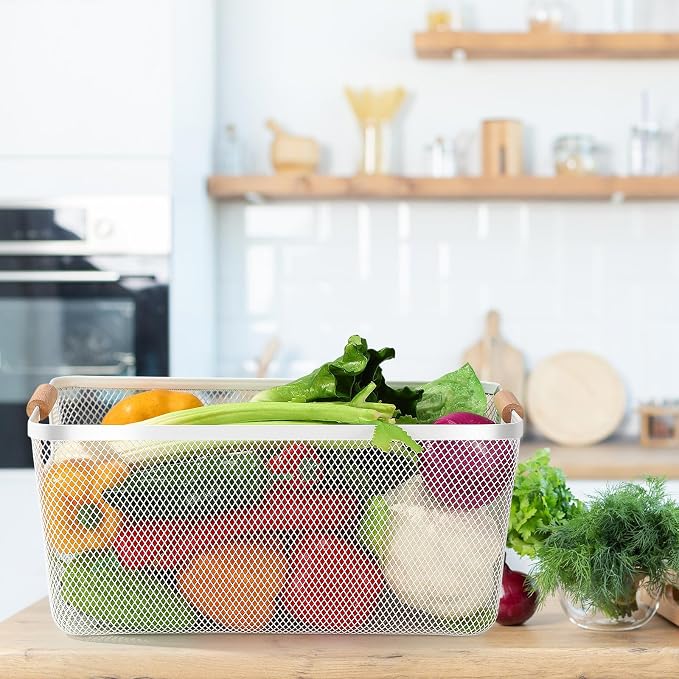 Ziliny 4 Pcs Metal Mesh Wire Baskets with Wooden Handles for Organizing, Pantry Organizers and Storage Steel Bin Kitchen Baskets for Fruit Potato Onion Snacks Bathroom Cabinet(Extra Large,Cream White)