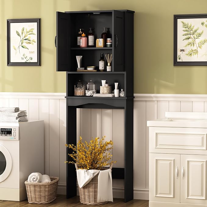 ROOMTEC Over The Toilet Storage Cabinet with Adjustable Shelf and Double Doors, Freestanding Bathroom Cabinet Organizer with Open Shelf, Home Space-Saving Toilet Rack for Restroom, Laundry, Black