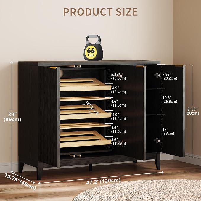Vlsrka Shoe Storage Cabinet with Fluted Doors and Adjustable Shelves | 6 Tier Wooden Shoe Organizer, Large Capacity, Human Sensor Lighting, 180° Rotating, for Entryway, Hallway, Living Room, Black