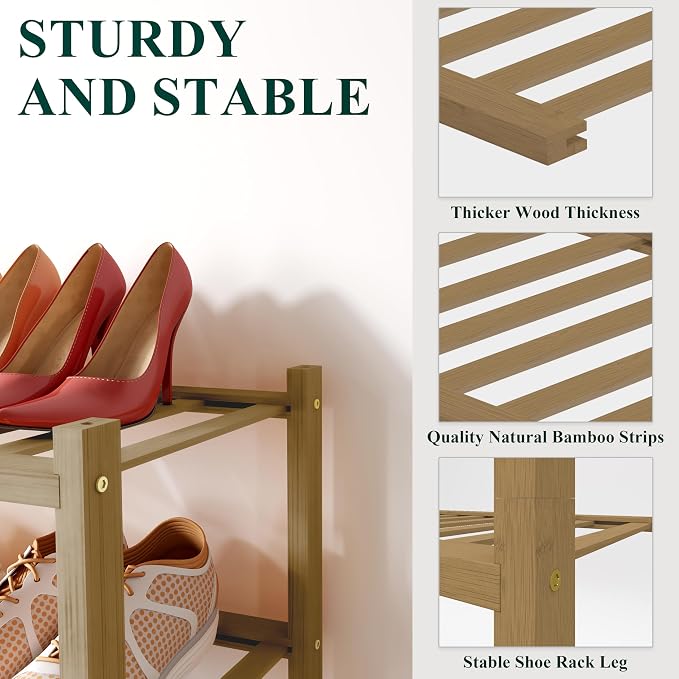 Smiry Bamboo Shoe Rack for Closet, 4 Tier Wooden Shoe Organizer, Stackable Wood Shoe Storage Shelf for Entryway, 14 Vertical Slats, 2+2 Stack Heavy-Duty Legs, 26.77"x11.02"x25.98", Walnut