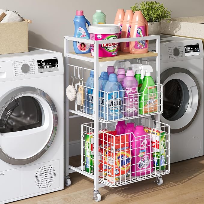Hongtamoya 3 Tier Laundry Room Cart with Pull-Out Baskets, Storage Cart with Wheels, Rolling Cart with Wood Top Metal Bathroom Laundry Room Organization Mobile Shelf Unit Organizer Trolley, White