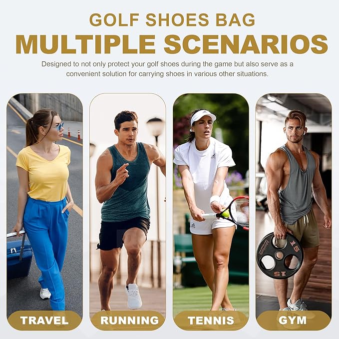 Golkcurx Golf Shoe Bag Travel Sport Shoe Carrier Bags for Men Women, Black | Zippered, Side Accessory Pockets, for Socks, Tees, Golf Balls, Travel Sport Shoe Carrier, Golf Accessories, Golf Gifts