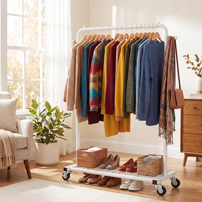 Sywhitta Clothing Rack on Wheels with Mesh Storage Shelf & Sturdy Metal Frame, Rolling Garment Rack for Hanging Clothes, Coats, Skirts, 39.76" L x 16" W x 64.56" H,White